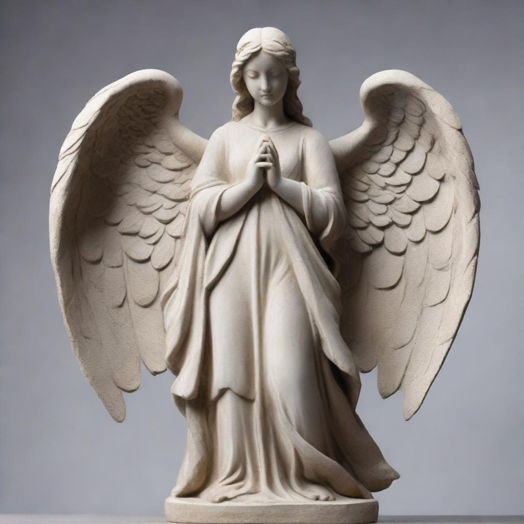 An intricately carved statue of an angel set against a simple, minimalist grey background