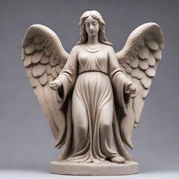 An intricately carved statue of an angel set against a simple, minimalist grey background