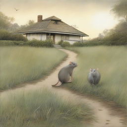 Two rats perched on a grassy path, looking onward at a distant bungalow under a soft-lit sky.