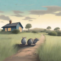 Two rats perched on a grassy path, looking onward at a distant bungalow under a soft-lit sky.