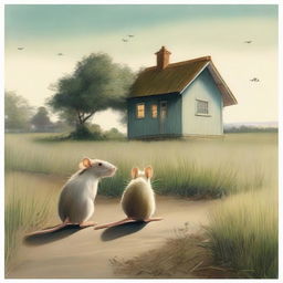 Two rats perched on a grassy path, looking onward at a distant bungalow under a soft-lit sky.