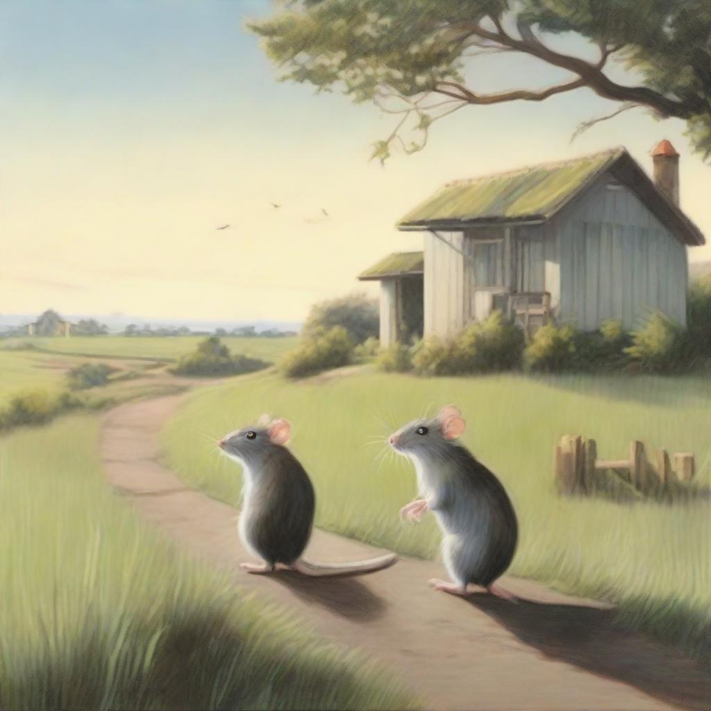 Two rats perched on a grassy path, looking onward at a distant bungalow under a soft-lit sky.