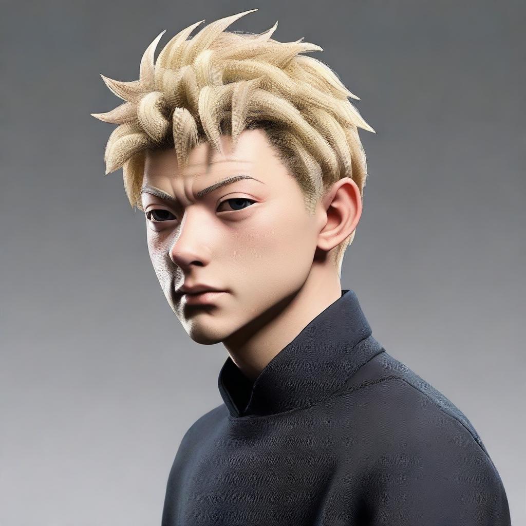 Render a lifelike human version of Gojo Satoru from Jujutsu Kaisen, retaining his distinctive features and attire.