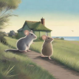 Two rats perched on a grassy path, looking onward at a distant bungalow under a soft-lit sky.