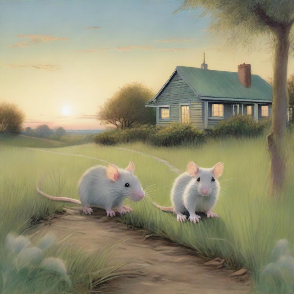 Two rats perched on a grassy path, looking onward at a distant bungalow under a soft-lit sky.