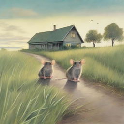 Two rats perched on a grassy path, looking onward at a distant bungalow under a soft-lit sky.