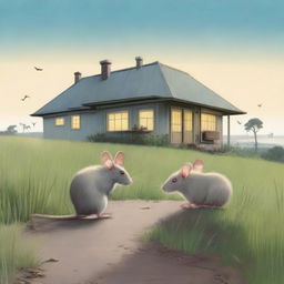 Two rats perched on a grassy path, looking onward at a distant bungalow under a soft-lit sky.