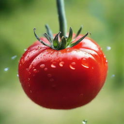 A ripe, glistening red tomato, bathed in soft light, with droplets of dew clinging to its skin.