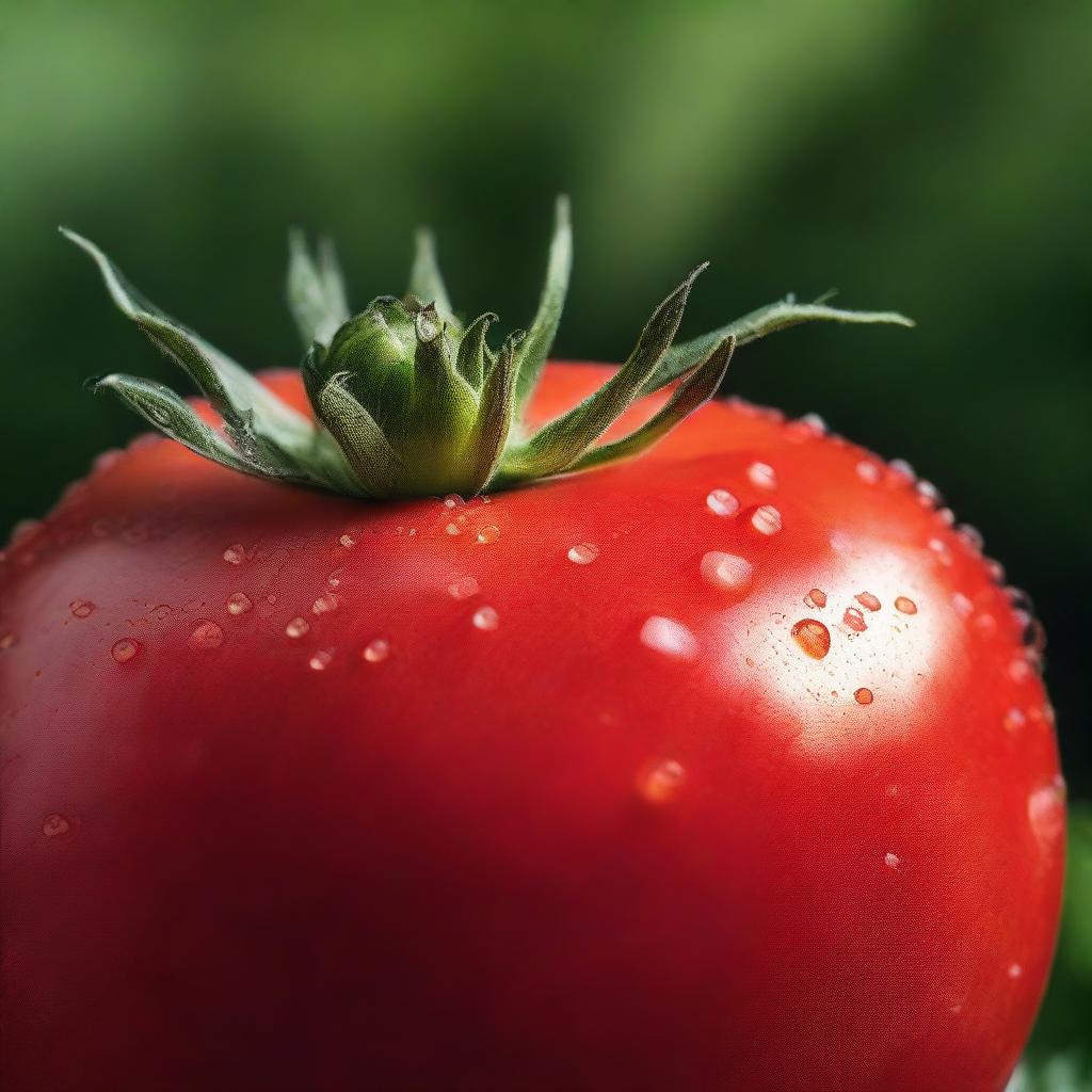 A ripe, glistening red tomato, bathed in soft light, with droplets of dew clinging to its skin.