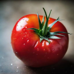 A ripe, glistening red tomato, bathed in soft light, with droplets of dew clinging to its skin.