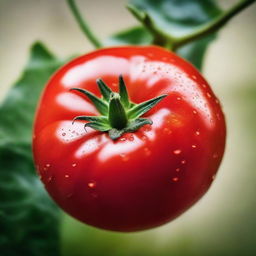 A ripe, glistening red tomato, bathed in soft light, with droplets of dew clinging to its skin.