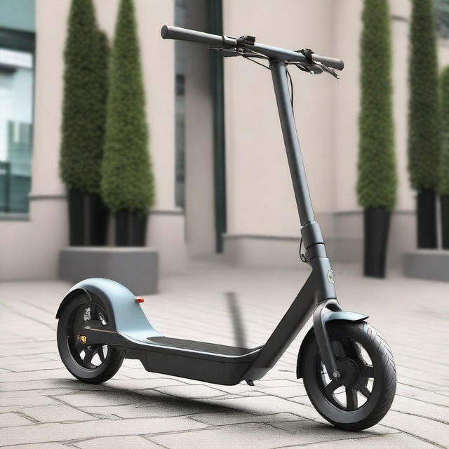 Design an electric scooter with a lightweight aluminum frame, aerodynamic and stylish look. It should be painted in vibrant colors with matte finishes for a modern aesthetic. Its ergonomic handlebars have a built-in brand logo for a cohesive identity.