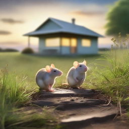 Two rats perched on a grassy path, looking onward at a distant bungalow under a soft-lit sky.