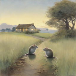 Two rats perched on a grassy path, looking onward at a distant bungalow under a soft-lit sky.