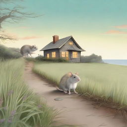 Two rats perched on a grassy path, looking onward at a distant bungalow under a soft-lit sky.