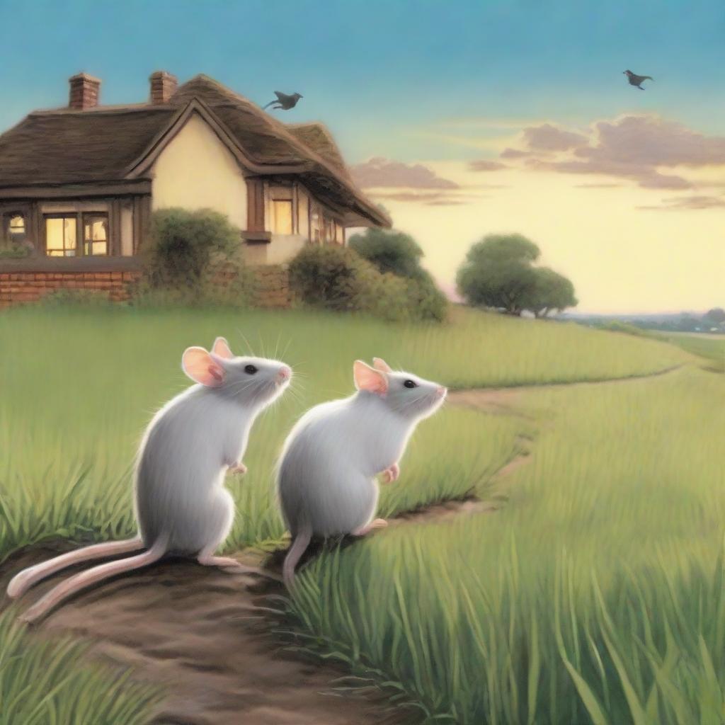 Two rats perched on a grassy path, looking onward at a distant bungalow under a soft-lit sky.