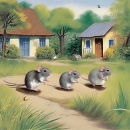 A group of seven rats making their way towards a bungalow on a vibrant, grassy path.