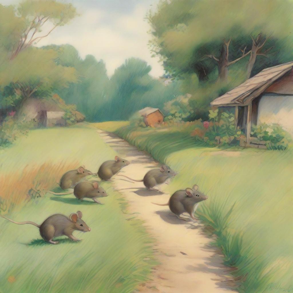 A group of seven rats making their way towards a bungalow on a vibrant, grassy path.