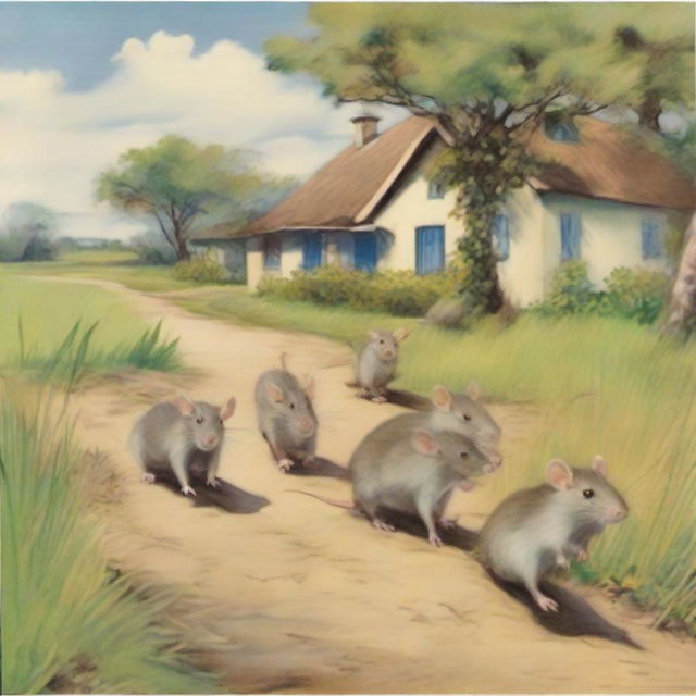 A group of seven rats making their way towards a bungalow on a vibrant, grassy path.