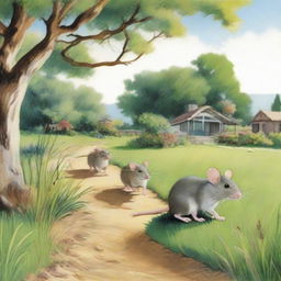 A group of seven rats making their way towards a bungalow on a vibrant, grassy path.