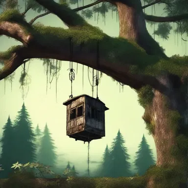 As Sheila walked through the haunted forest, she stumbled upon a funicle hanging from a decaying tree.