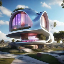 Generate an image of a fantastical, unique house that is too extravagant and exceptional to be bought, incorporating elements of magic, alien technology, and nature in its design.