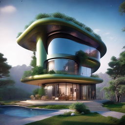 Generate an image of a fantastical, unique house that is too extravagant and exceptional to be bought, incorporating elements of magic, alien technology, and nature in its design.