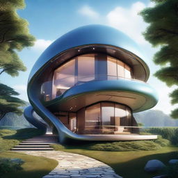 Generate an image of a fantastical, unique house that is too extravagant and exceptional to be bought, incorporating elements of magic, alien technology, and nature in its design.