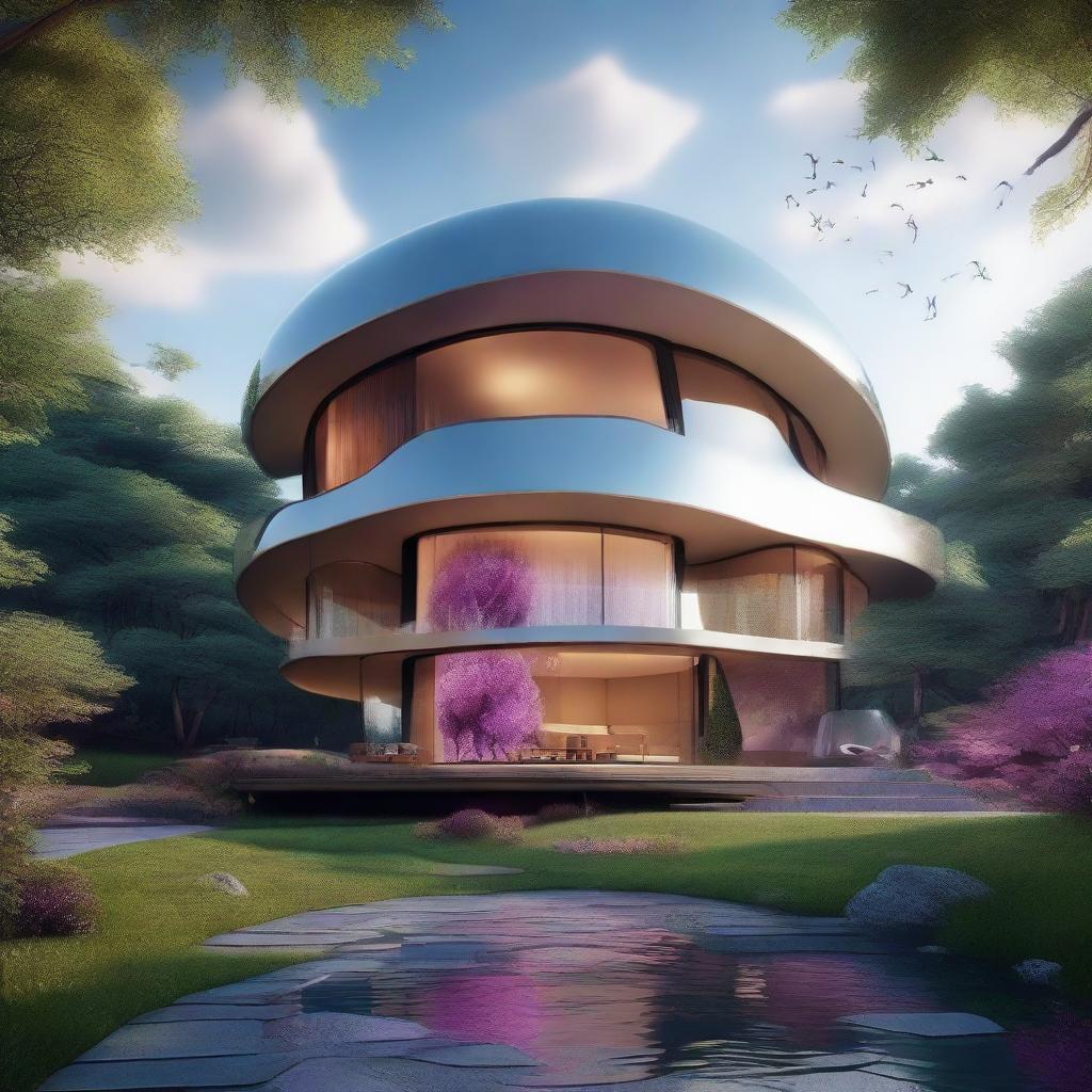 Generate an image of a fantastical, unique house that is too extravagant and exceptional to be bought, incorporating elements of magic, alien technology, and nature in its design.