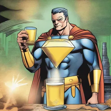 The superhero drinks the elixir and gains the power to transform base metals into gold in the comic book series.