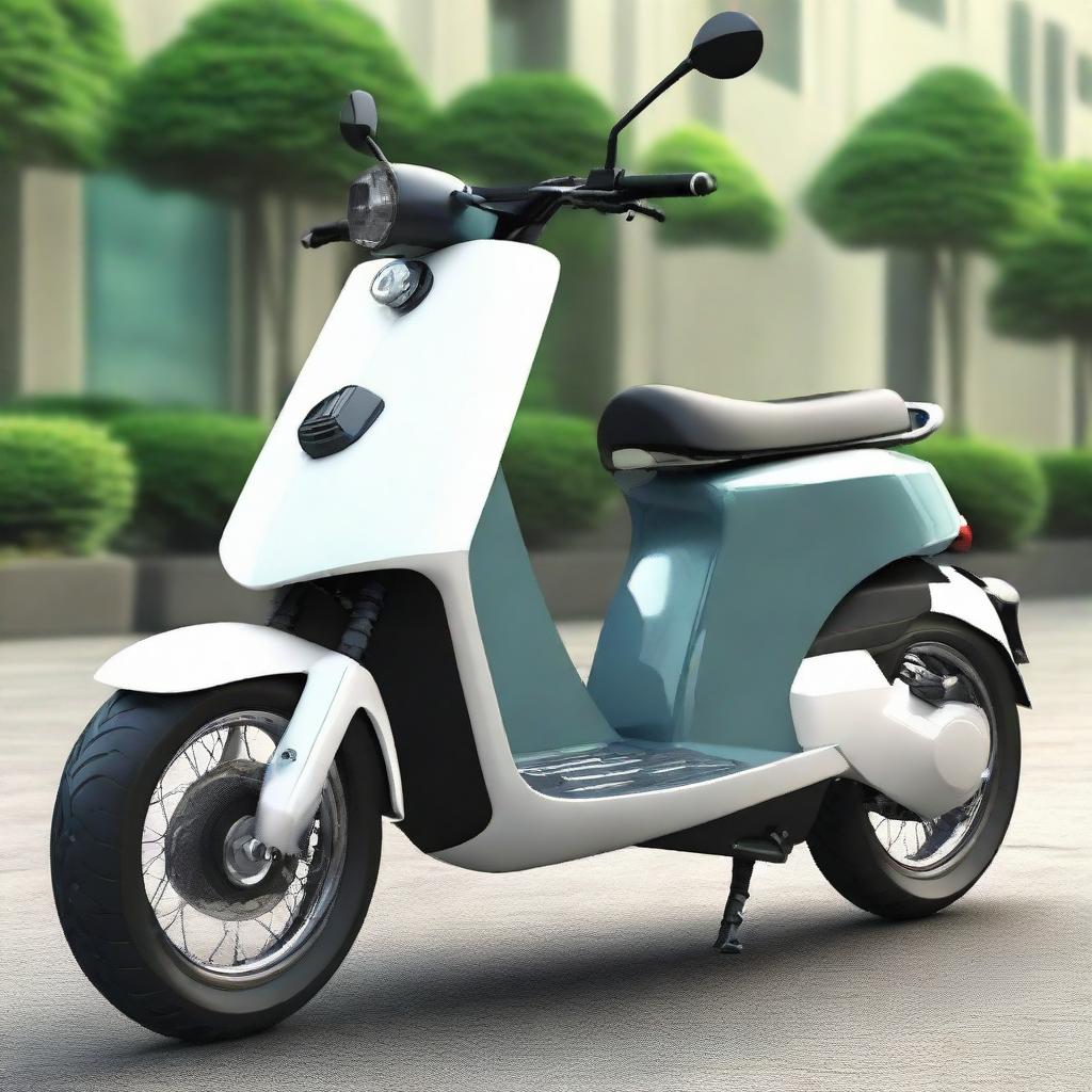 Modify the electric two-wheeler scooter to have a large body, resembling the dimensions and design of a sleek, modern car, yet maintaining the original two wheels