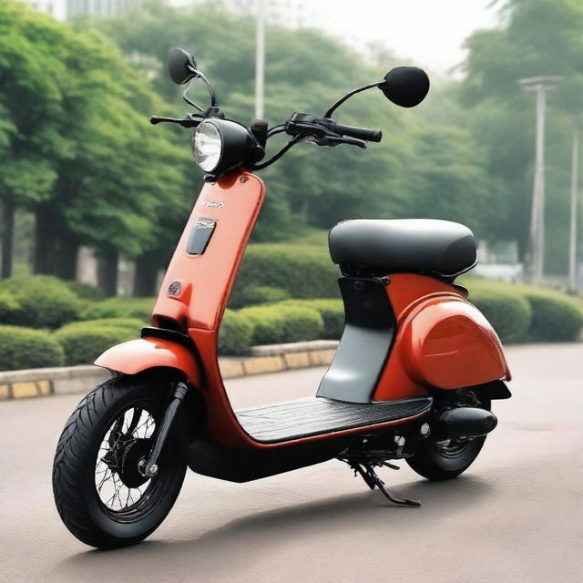 Exaggerate the body of the two-wheeler scooter to make it bulkier, taking on the appearance of a muscular, rugged structure