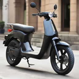 Exaggerate the body of the two-wheeler scooter to make it bulkier, taking on the appearance of a muscular, rugged structure