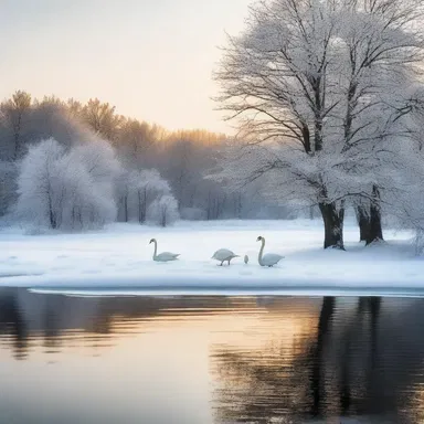 Amidst the serene beauty of the snow-covered landscape, the torpid swans gracefully glided on the frozen lake, creating a romantic scene.