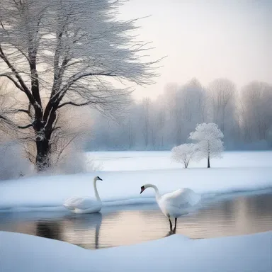 Amidst the serene beauty of the snow-covered landscape, the torpid swans gracefully glided on the frozen lake, creating a romantic scene.