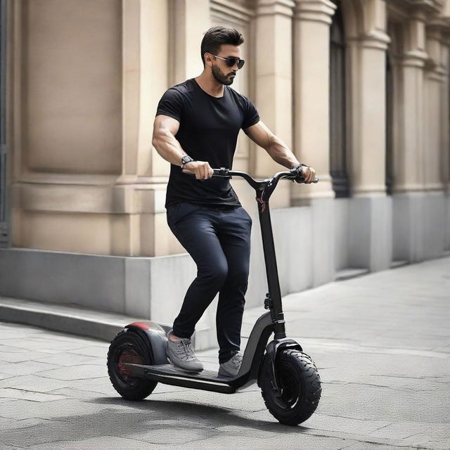 Transform a large, two-wheeled scooter designed for two people into a muscular and robust structure, resembling a powerfully built physique