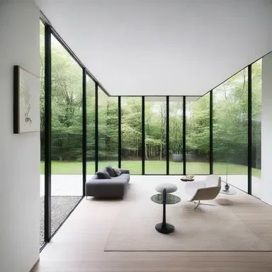 The walls of the modern minimalist house were made of wafer-thin glass panels, creating a sleek and airy atmosphere.