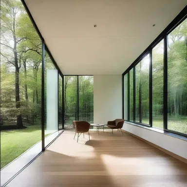 The walls of the modern minimalist house were made of wafer-thin glass panels, creating a sleek and airy atmosphere.