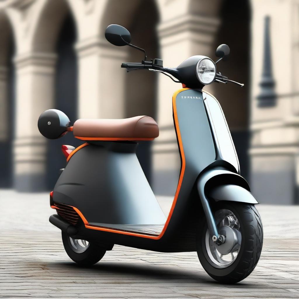 Design a large, muscular two-wheeler scooter with seating capacity for two persons, embodying a robust structure and athletic build