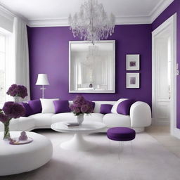 Design a room with a colour scheme of white and purple, combining elements of elegance, purity and creativity.