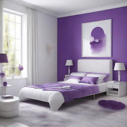 Design a room with a colour scheme of white and purple, combining elements of elegance, purity and creativity.