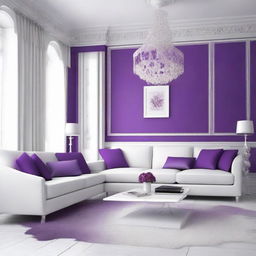 Design a room with a colour scheme of white and purple, combining elements of elegance, purity and creativity.