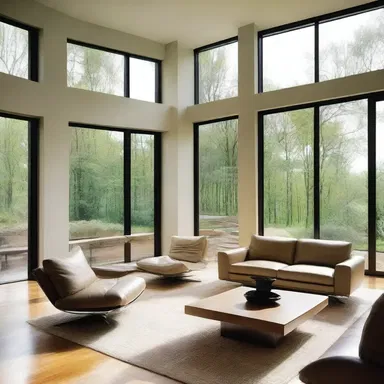 The use of large windows in the living room allows for the attenuation of natural sunlight throughout the day.