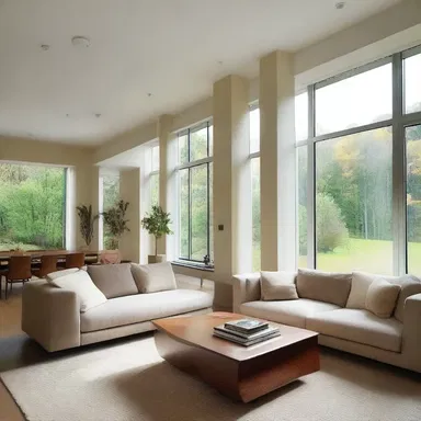 The use of large windows in the living room allows for the attenuation of natural sunlight throughout the day.