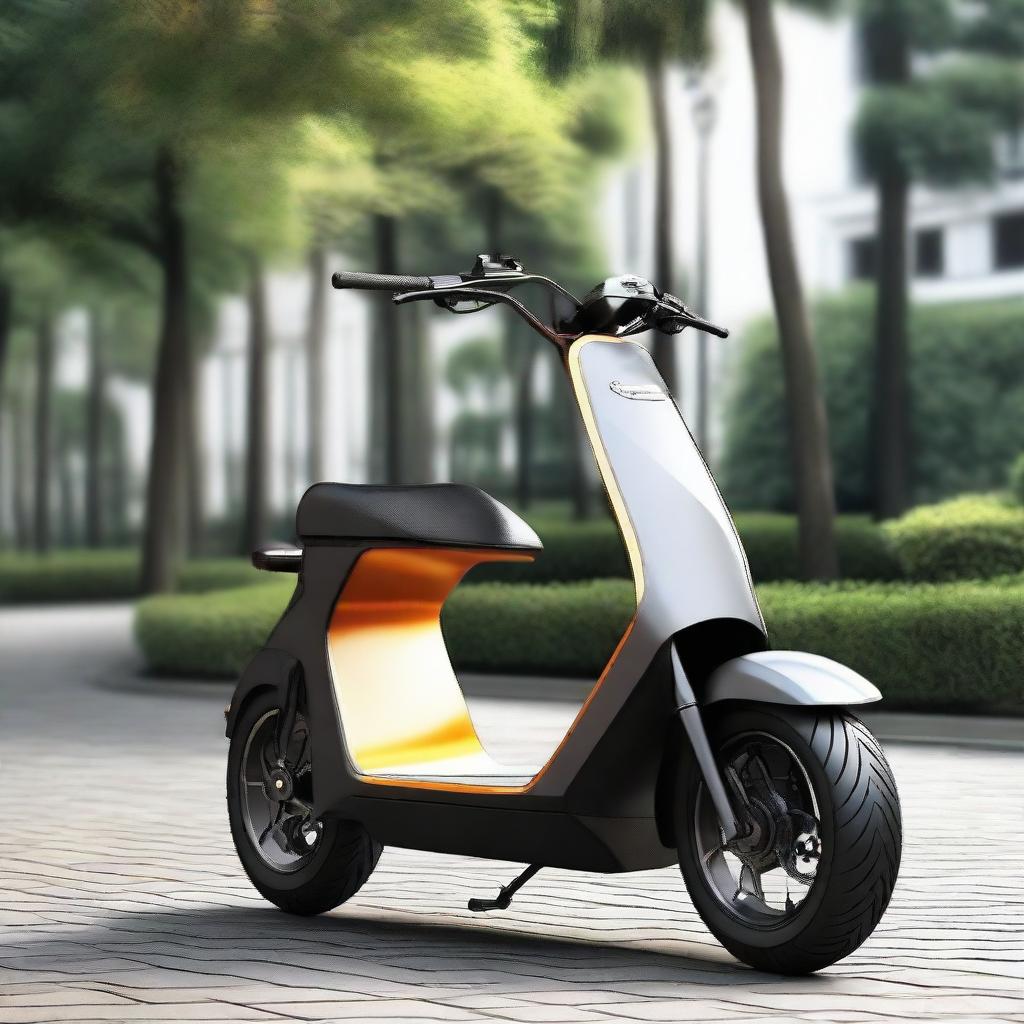 Create a large, muscular electric two-wheeler scooter designed for two passengers, featuring a robust and physically powerful aesthetic