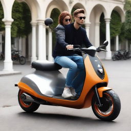 Create a large, muscular electric two-wheeler scooter designed for two passengers, featuring a robust and physically powerful aesthetic