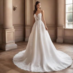 Design a breathtakingly beautiful and luxuriously crafted wedding dress, rich in delicate details and symbolic of an eternal vow.