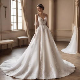 Design a breathtakingly beautiful and luxuriously crafted wedding dress, rich in delicate details and symbolic of an eternal vow.