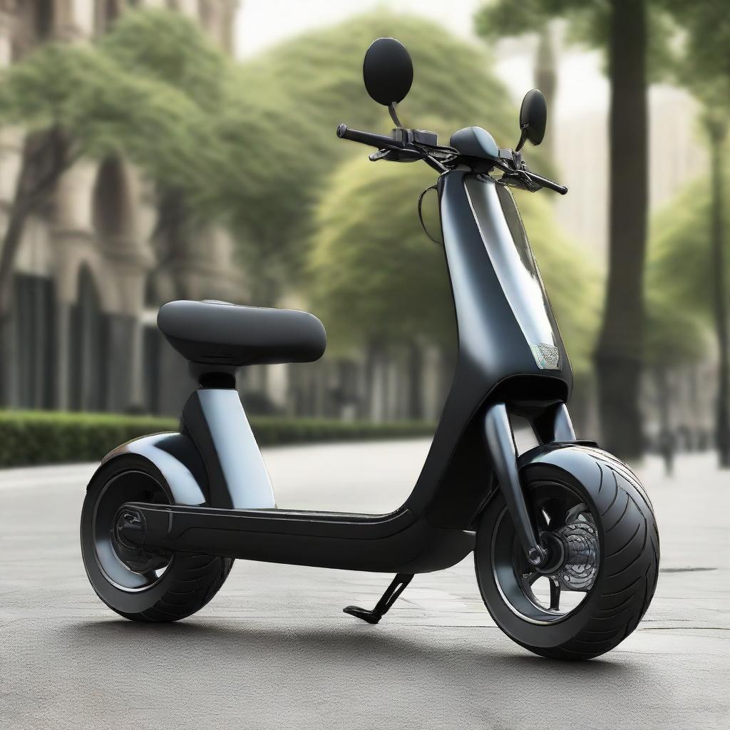 Envision a large, muscular electric two-wheel scooter, designed for two passengers, that resembles a robust, physically powerful structure