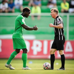 A passionate soccer player in mid-action, emotionally arguing with a stern-looking referee on a vibrant green football pitch.